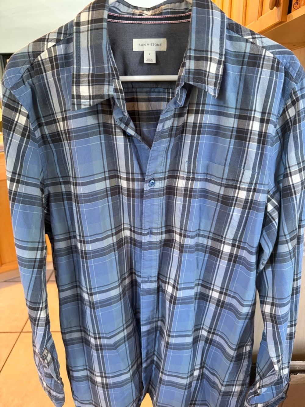 Sun + Stone Light Blue and Black Plaid Button-Down Shirt